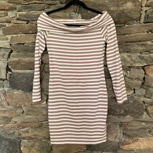 Tan and white off the shoulder dress